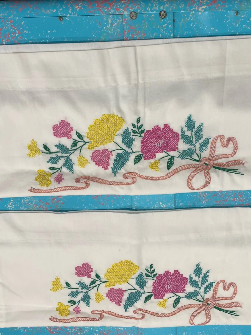 2 Hand Embroidered Floral Pillowcase Set in White with Pink & Yellow Accents